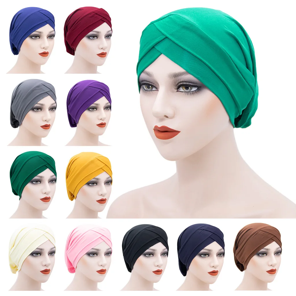 

New Women Elastic Turban Hat Muslim Hijab Islamic Beads Forehead cross Cancer Chemo Cap Ladies Hijab Stretch Hijab Cap Muslim