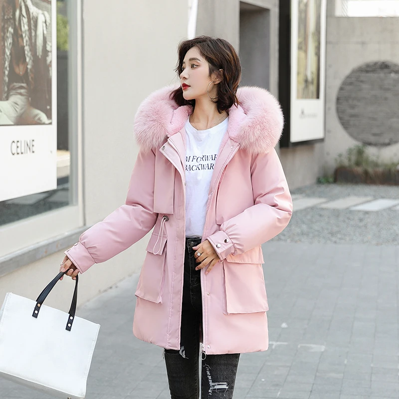

Women 2020 Winter Thick Warm Parkas Soft Flannel Lining Female Hooded Warm Down Cotton Jacket Coats Big Fur Collar Cold Outwear