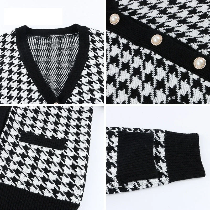 

Women Sweater Button Black V-Neck Long Sleeve Loose Houndstooth Sweater Cardigan Knitted Loose Oversized Jumper 2021