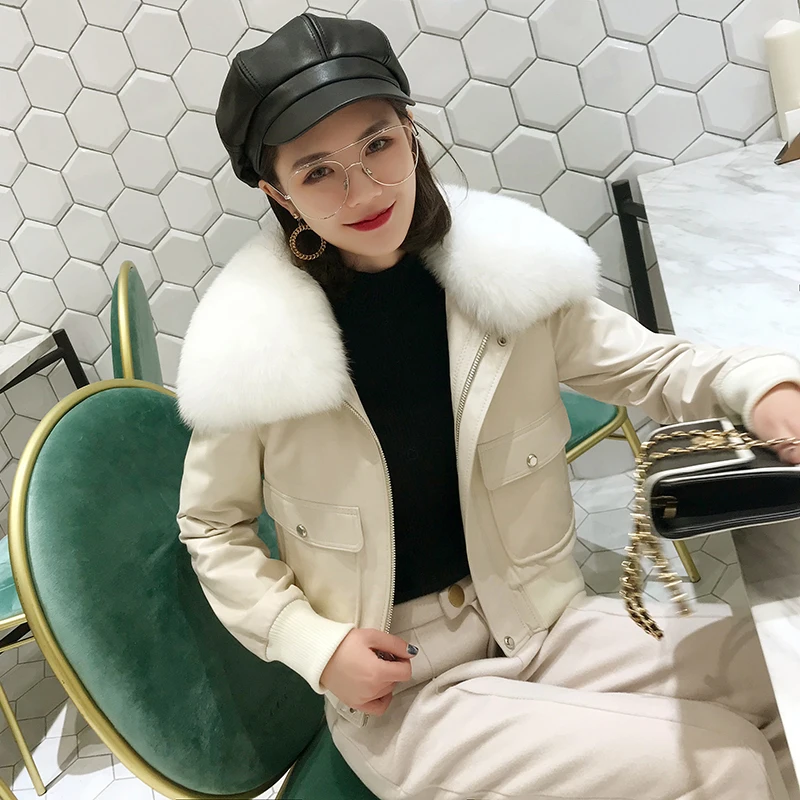 Куртка женская из натуральной кожи с воротником лисьего меха зимняя 100% | Женская