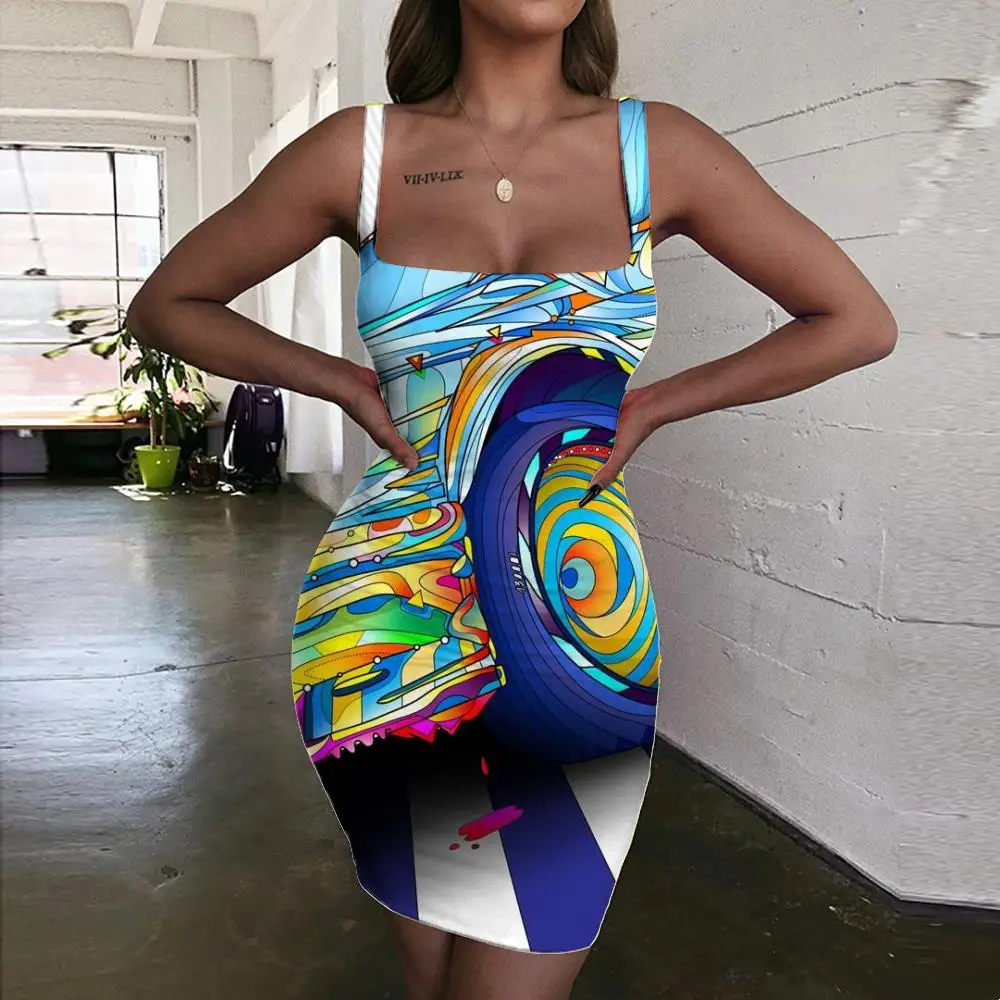 

Giyu Colorful Dress Women Dizziness Ladies Dresses Graffiti Halter Sleeveless Rainbow 3d Print Womens Clothing Mini Evening New