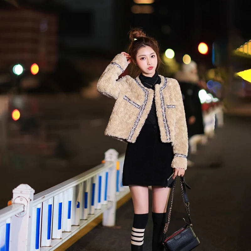 

Новинка 2021, осенне-зимние куртки, женский модный кардиган из овечьей шерсти с прострочкой, пальто, корейская универсальная шикарная Женская...