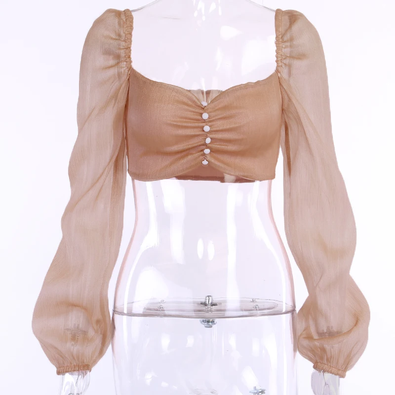 

Goocheer Blouse Cropped Patchwork Mesh Sleeve Solid Front Button Square Collar Neck Autumn Sexy Elegant Casual Slim Women Tops