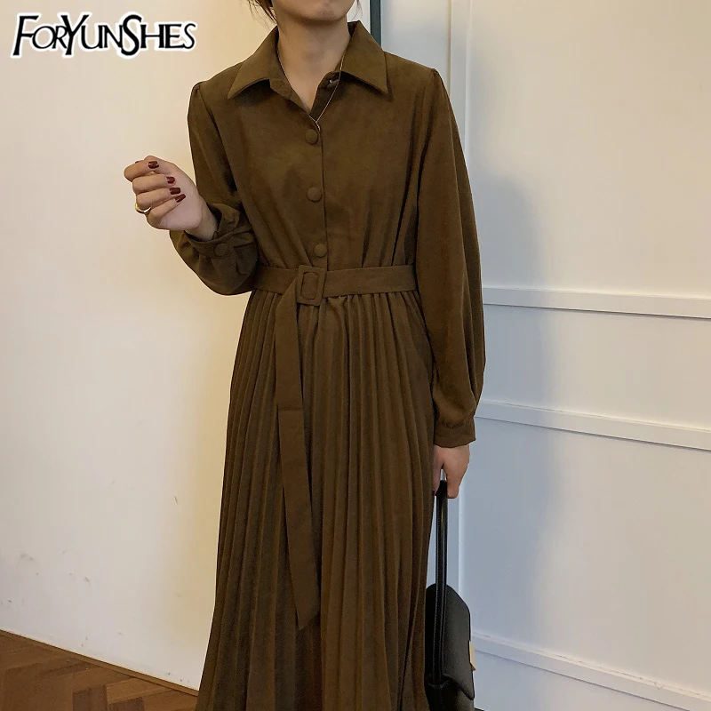 

Женское плиссированное платье FORYUNSHES, вельветовое теплое женское платье с поясом в стиле ретро, однотонное черное элегантное платье до сере...