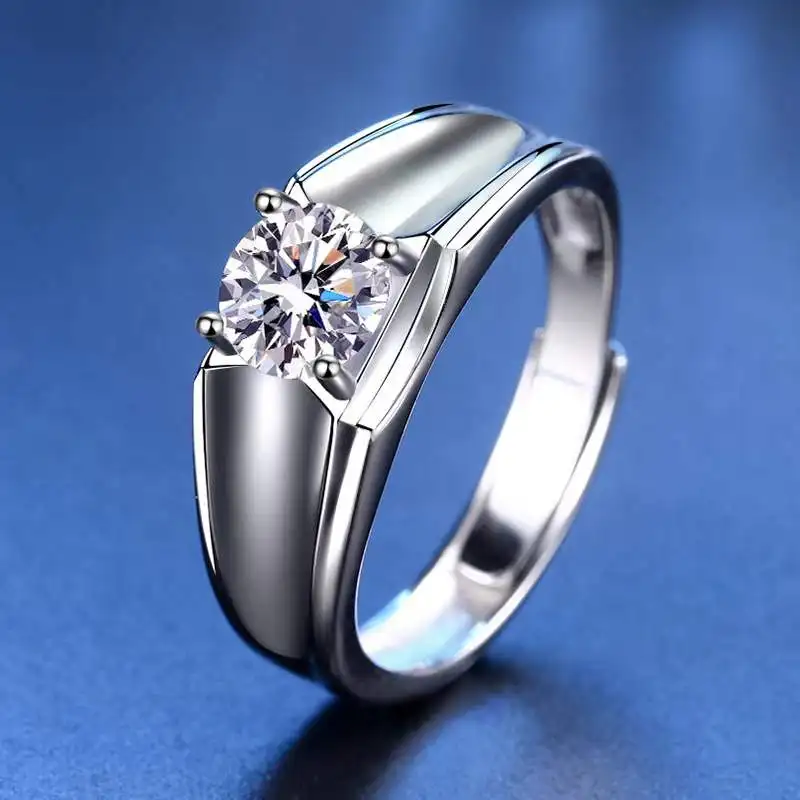 

Classic 1ct D Color VVS1 Round Moissanite Men Adjustable Ring 925 Sterling Silver Lab Diamond Finger Rings Anniversary Gift