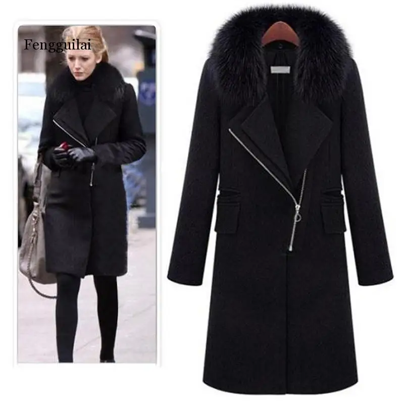 Женское зимнее шерстяное пальто элегантное однотонное облегающее на молнии с