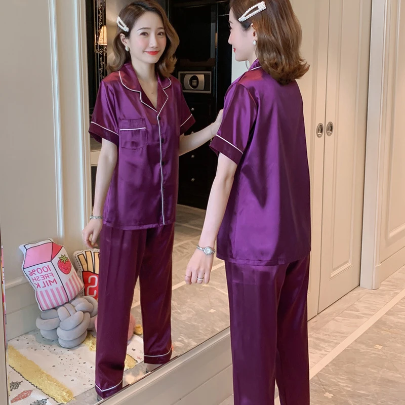 Пижамный комплект Для женщин шелковая футболка с короткими рукавами длинные