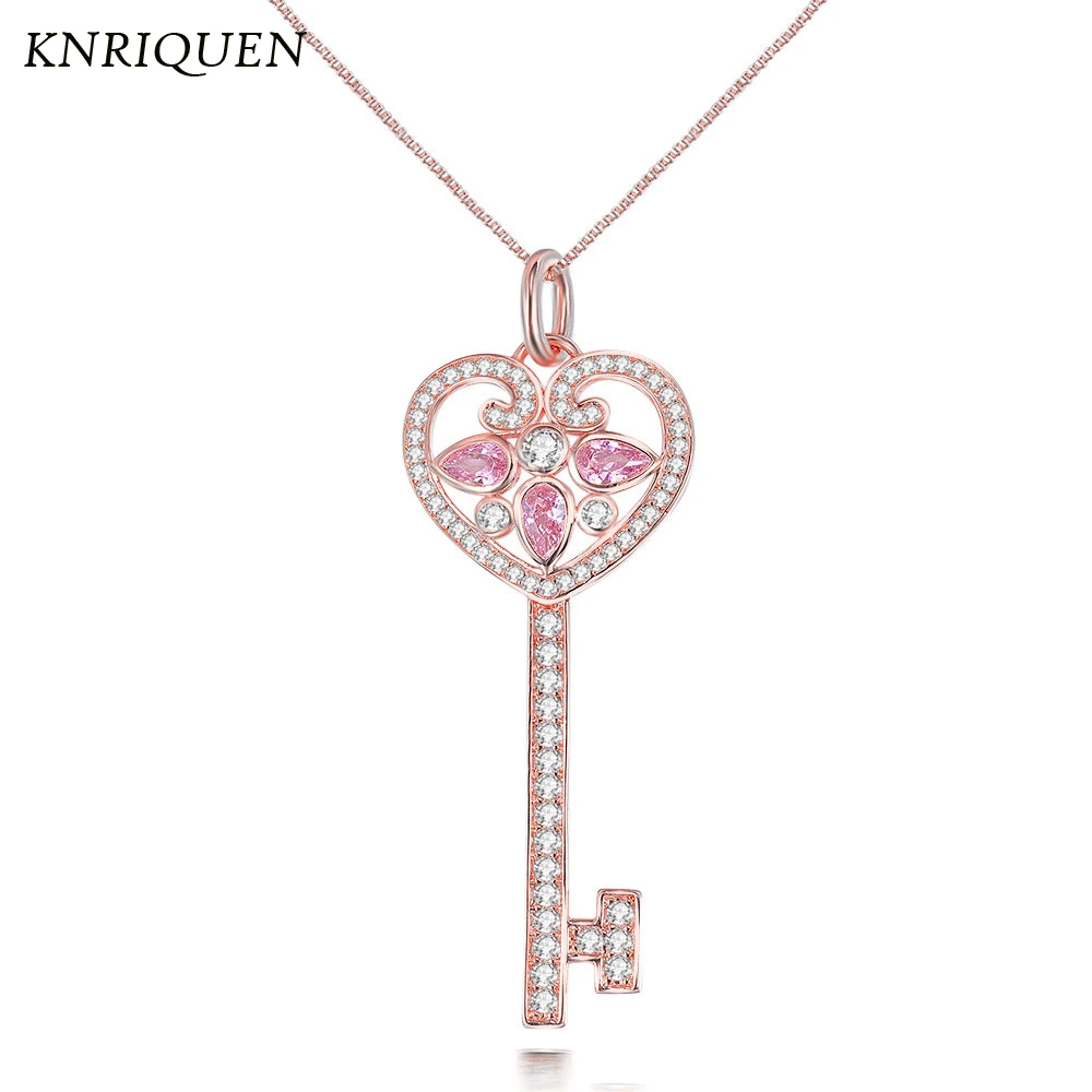 

2020 Trend Gold Color Heart-Shaped 925 Sterling Silver Gemstone Key Pendant Necklace For Women Wedding Party Fine Jewelry Gift