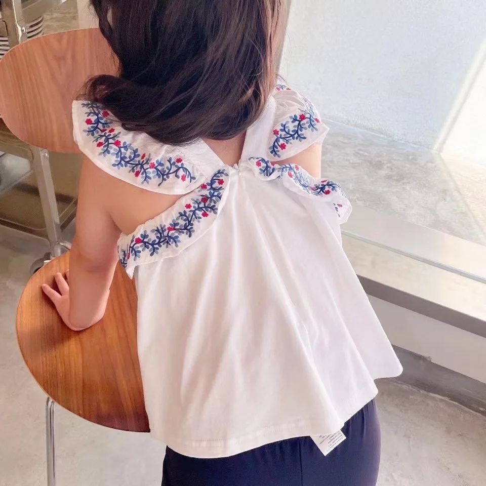 

2021 Presale May 15th Summer t-shirt for kids baby girls embroidered floral pattern white colour kids tops