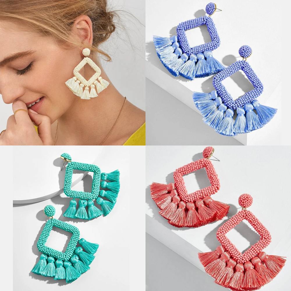 Miwens, новинка, Bauble Bar, синие Квадратные бусины, свисающие, модные женские серьги, кисточка, овальная рафия, массивные серьги-подвески ювелирные изделия