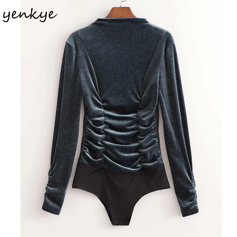 

YENKYE Vintage Velvet Bodysuit Women Front Draped Stand Collar Long Sleeve Blouse Sexy Body Tops Playsuit