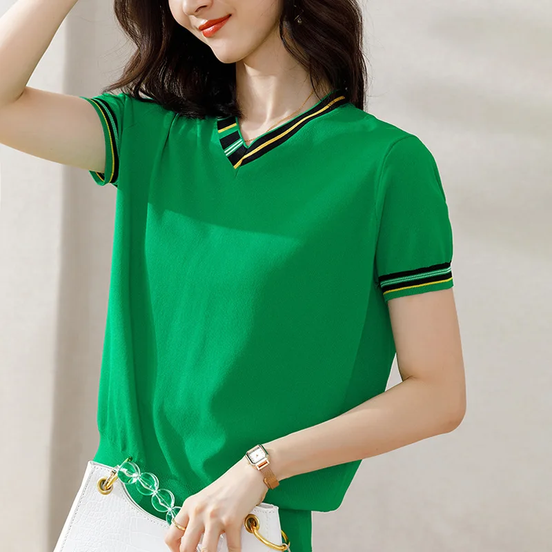 

V-neck Short-Sleeved T-shirt Women's Summer 2021 New Women's Loose Thin Viscose Fiber Knitted Shirt Fashion