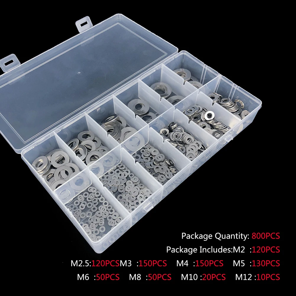 

800pcs Boxed Stainless Steel Flat Washer Combination Washer 304 M2 M3 M4 M5 M6 M8 M10 M12 Assortment Kit