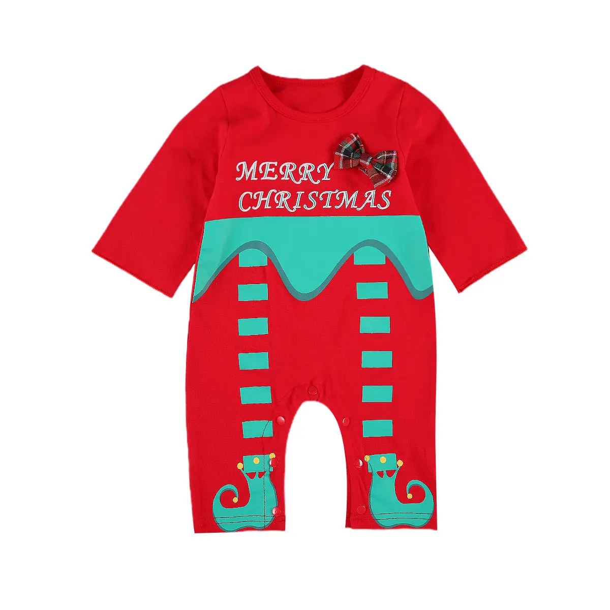 

2020 Christmas Baby Girls Boys Clothes Toddler Cartoon Boots Print Bowknot Jumpsuit Kids Long Sleeve Round Collar Rompers 0-24M