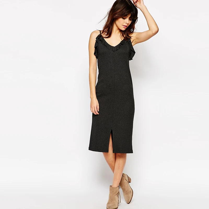 

Sexy Deep v Ruffle Sling Backless Slim Buttock Dress Black Buttock Skirt