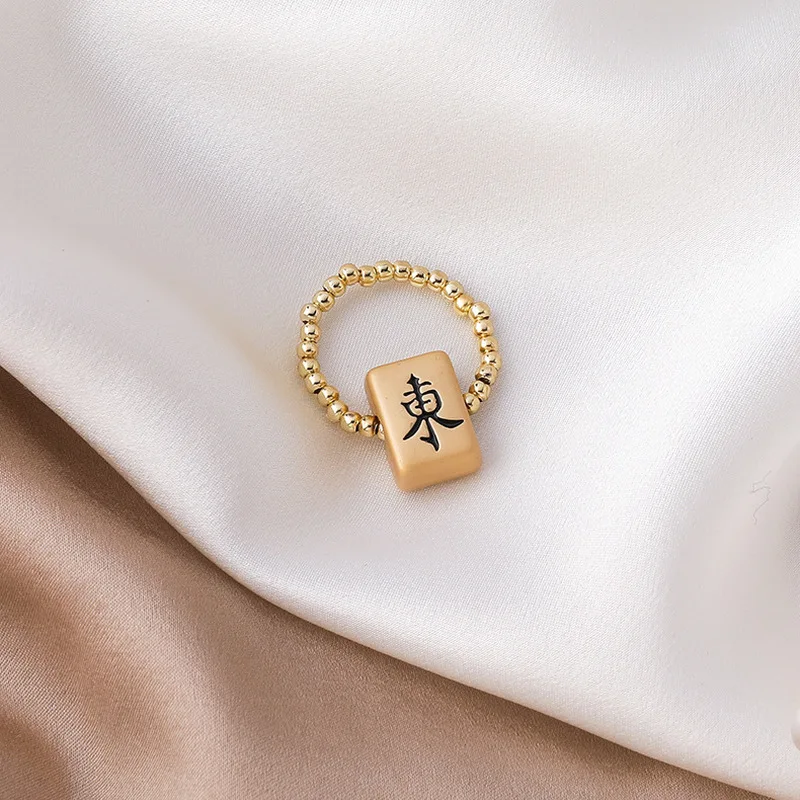 

LOVOACC 2021 New Year Chinese Style Mahjong Charm Rings for Women Handmade Gold Color Beads Red Crystal Adjustable Ring Gifts
