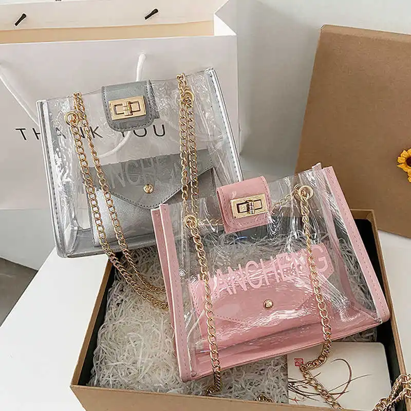 Прозрачная большая сумка и маленькая дизайнерская конверт летняя через плечо