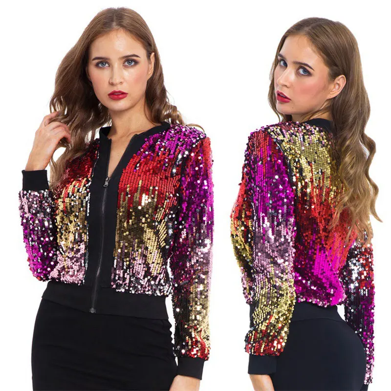 

2022 spring Autumn Sequin Jacket Womens Sparkly Bomber Jacket Long Sleeve Zipper Glitter Streetwear Fashion Jackets Coat