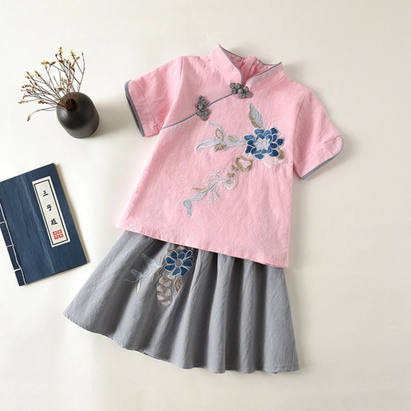 Платья для девочек Hanfu летние костюмы с юбкой Детская рубашка в древнем стиле