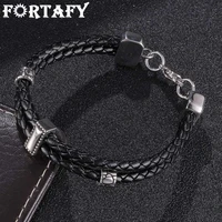 fortafy trendy black double braided leather bangles bracelets for women men stainless steel charm unisex jewelry gifts fr1158