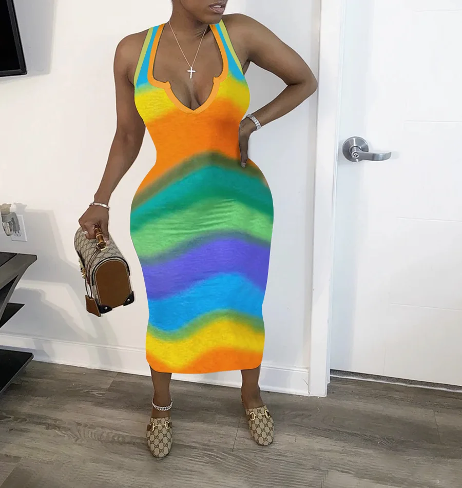 

2020 hot recommend style high street fashion summer dress women holiday clothing colorful striped 90s sexy bodycon midi dress
