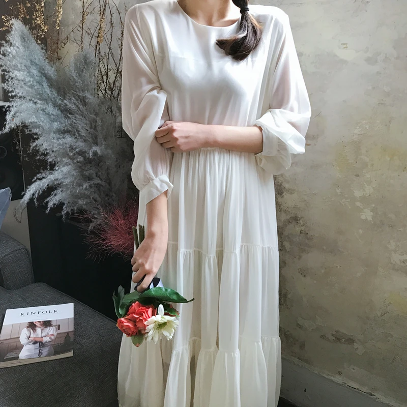 

2021 New Spring Fall Women Dress Loose Transparent Chiffon Sweet Pleated Long Sleeve High Waist Casual Lady White Dress