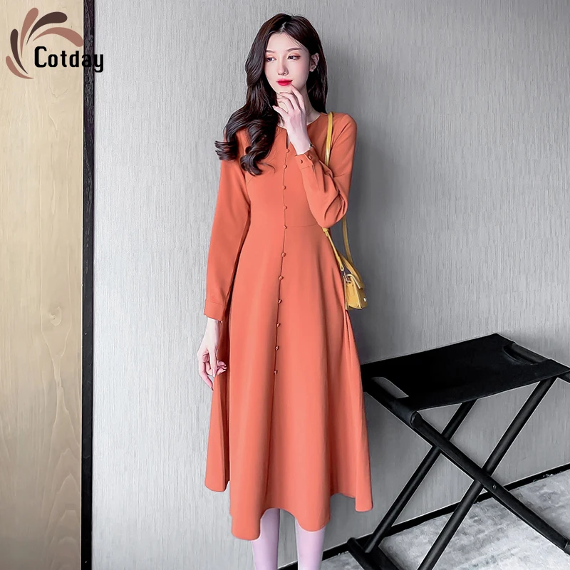 

Cotday Long Sleeve Women 2021 Fashion Spring Single Breasted Vintage A-Line French Style Close Your Waist Slim Button Dresses