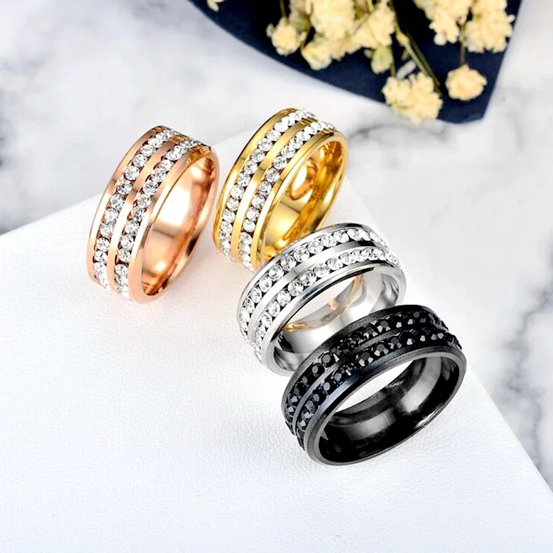 

2021 European and American Titanium Steel Double Row Zircon Ring Korean Fashion Stainless Steel Couple Ring Female Accessories
