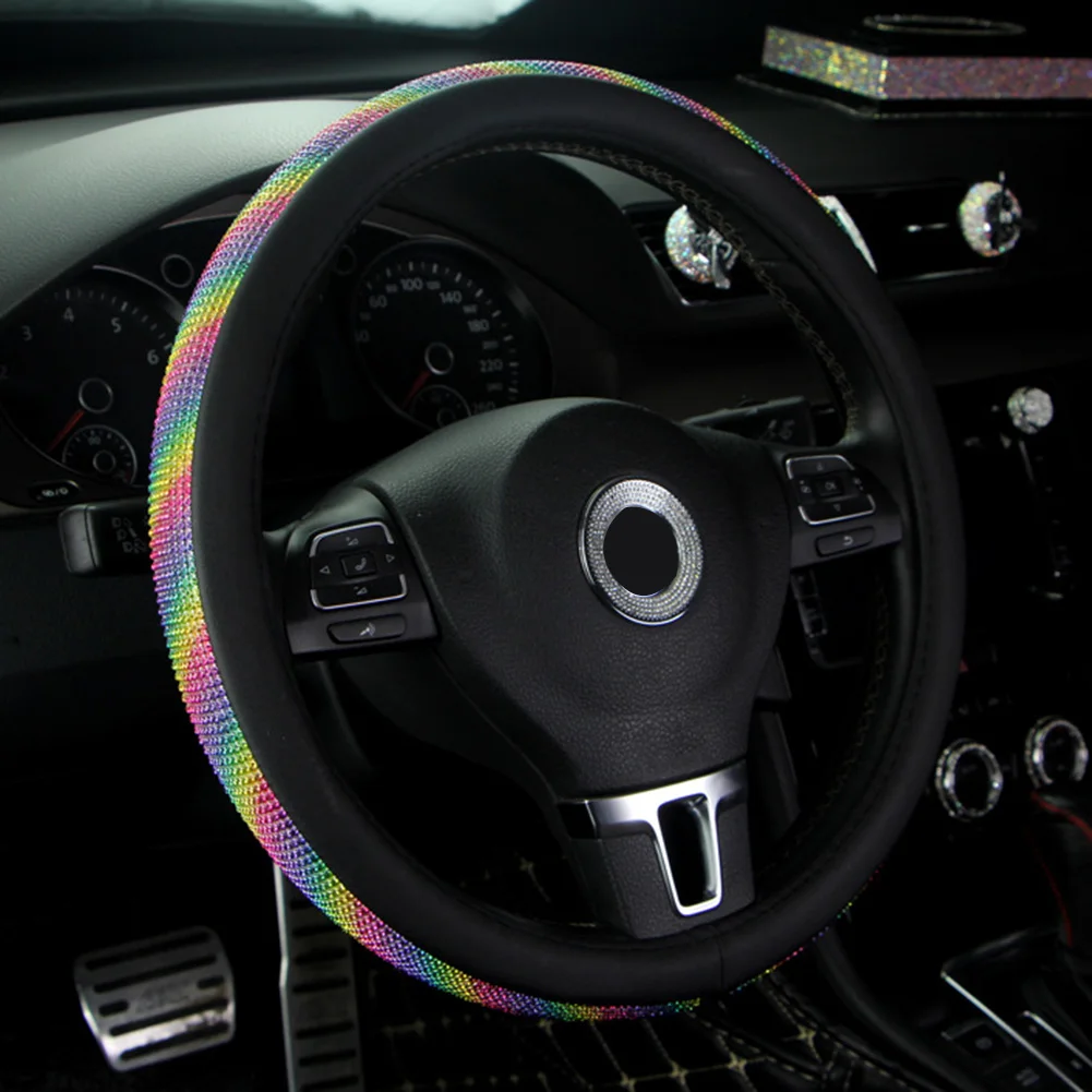 

Leather Car Steering Wheel Cover 38cm Glitter Rhinestone For Girl Lady Interior Accessories