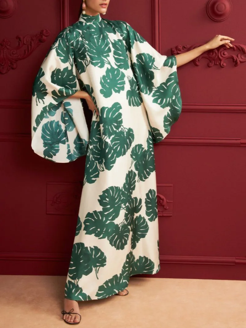 

Linglewei New Spring and Summer Women's Dress Sexy & Club Turtleneck Cloak Sleeves Print Patchwork Ruffles vintage dress