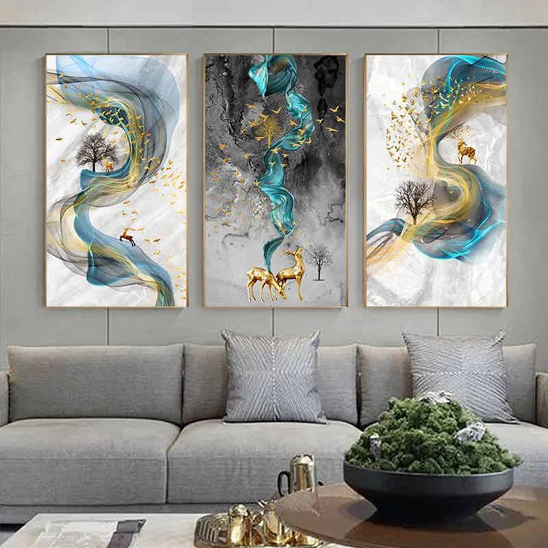 

Абстрактные золотые настенные картины, картины, холст, картина, северный олень, Постер, принт, настенная художественная картина для гостино...