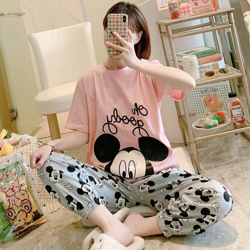 Disney Cartoon Mickey Mouse Cute Kawaii Pajamas Set for Women Summer 2021 Soft Short Sleeve Top Pant Pyjama Sets Pijama Feminino