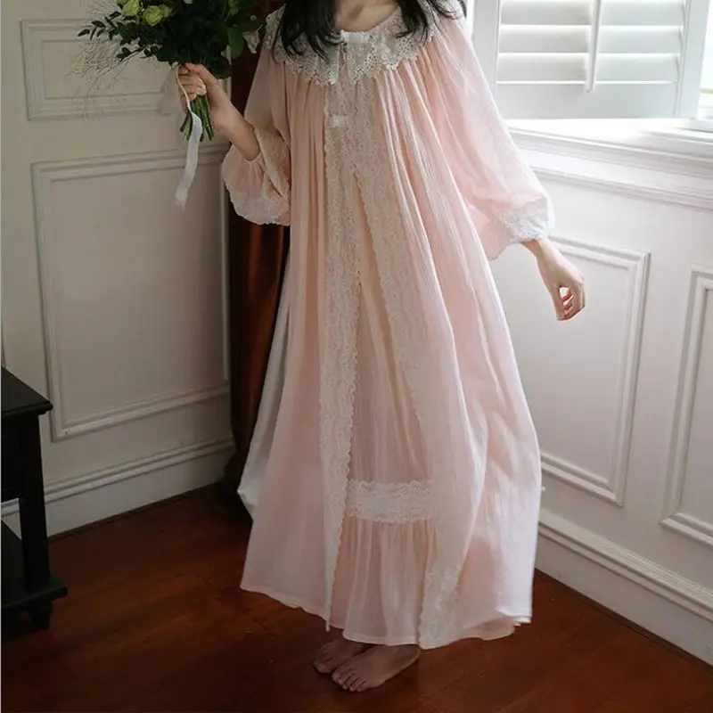 

Female Spring Pure Cotton Two-Pieces Night Dress Sexy Spaghetti Strap Square Collar Nightgowns Flare Full Sleeves Night-Robe