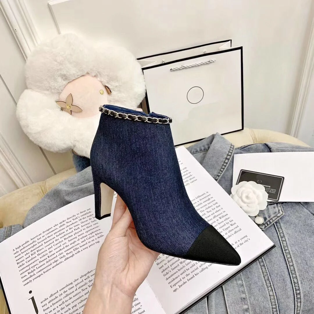 

With Logo Spring and Autumn Women Shoes High Heels Stiletto Color Matching Side Zipper High Quality Chain Thick heel Bare boots