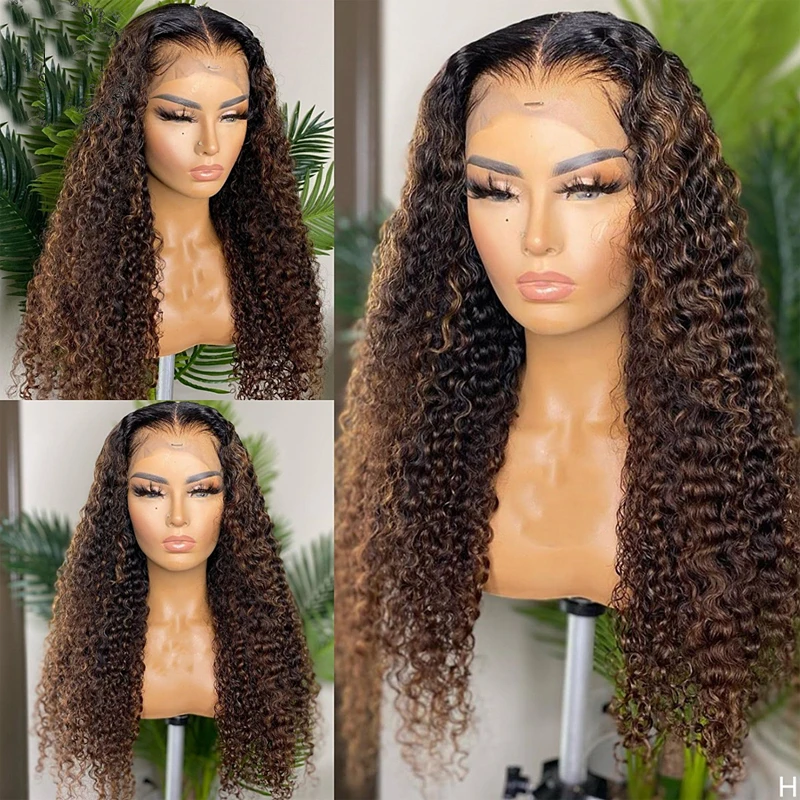 

Omber Brown Highligh Human Hair Wigs Curly Wigs Lace Frontal Wigs For Women with Baby Hair Daily wear Remy Preplucked Hair
