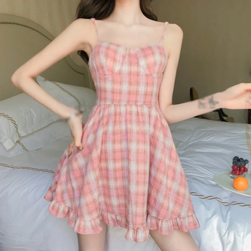 

Women Leisure Sling Dresses Summer Sweet Cute Slim Plaid Printed Suspender Ruffle Dress 2021