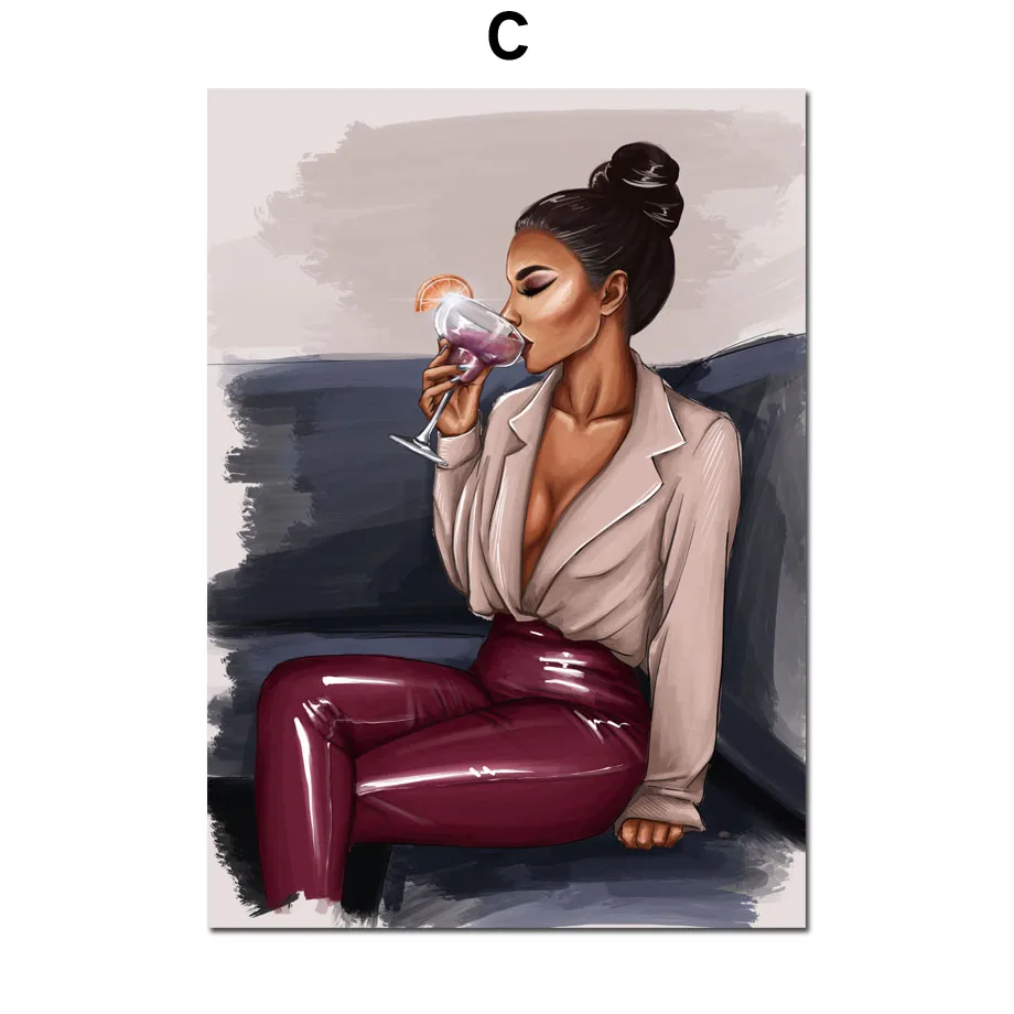 

Fashion Girl Illustration Smoking Lip Wine Wall Art Canvas Painting Nordic Posters And Prints Wall Picture For Living Room Decor