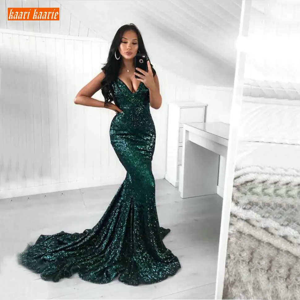 

Женское вечернее платье с юбкой-годе, темно-зеленое облегающее платье со шлейфом, с V-образным вырезом, с блестками, 2020