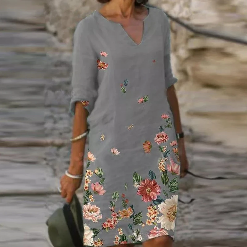 Женское платье с цветочным принтом Элегантное повседневное свободное до колен