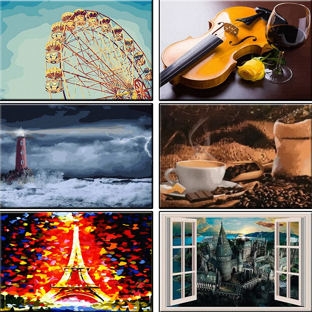 

Ferris Wheel DIY Oil Painting By Numbers Abstract Still Life Violin Paris Tower Picture By Numbers Home Decor Custom Gift