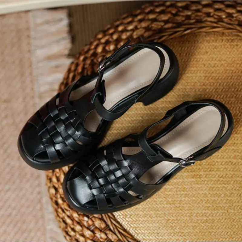 

RizaBina Women Sandals Real Leather Fretwork Summer Women Shoes Thick High Heels Fashion T Tied Footwear Size 34-40