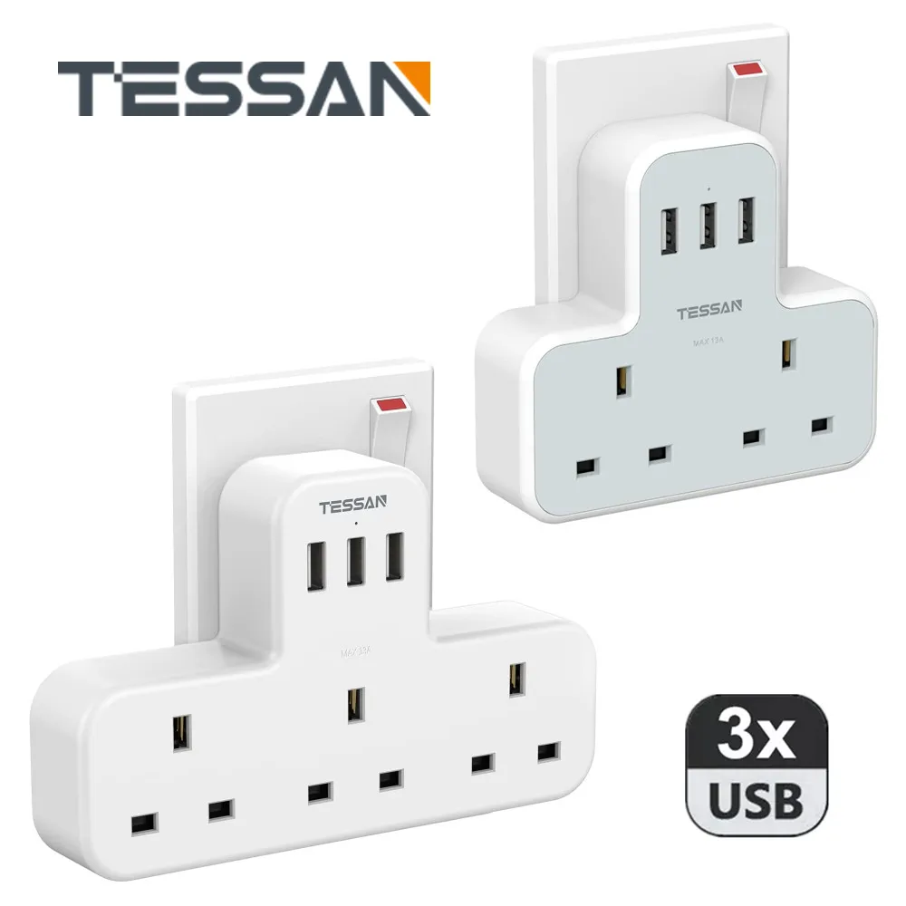 

TESSAN Universal Electrical Socket UK Plug Smart Extension Power Strip Home Office Overload Protector 3 Outlets with 3 USB Ports
