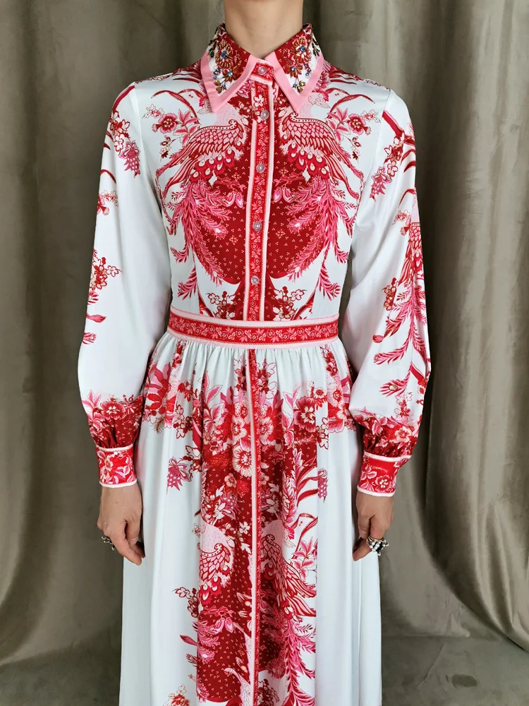 

Designer Spring Autumn New Long Dress Women'S Casual Party Lapel Diamonds Beading Gorgeous Elegant Vintage Red Print Dresses