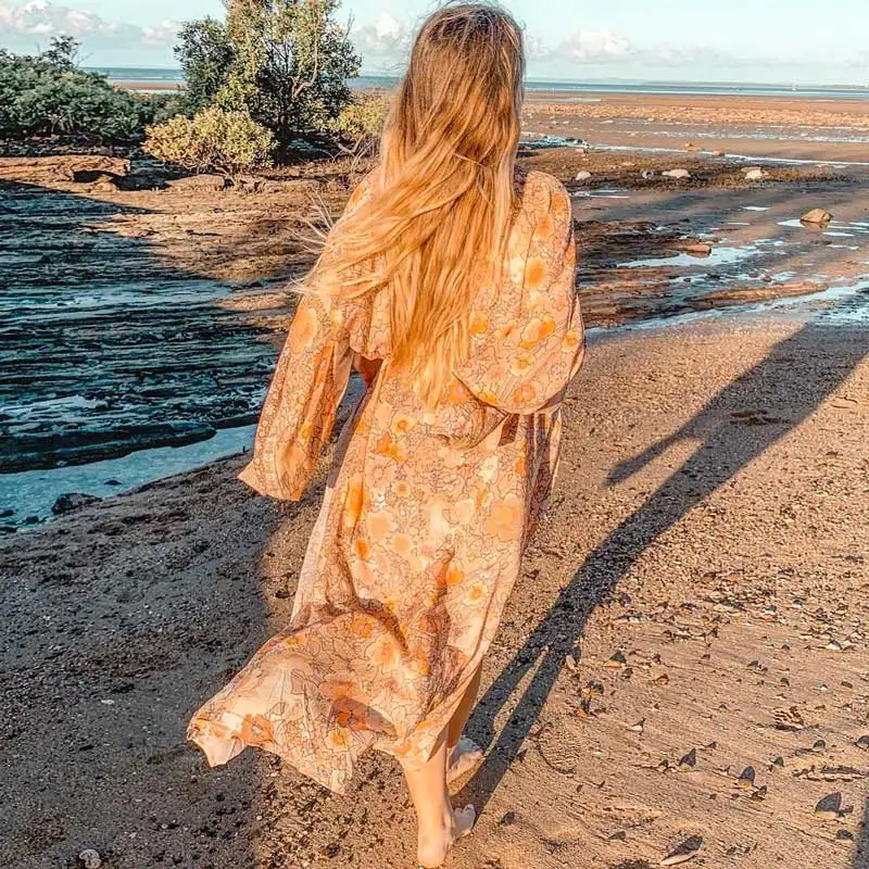 Богемный Вдохновленный пляжный халат Румяна цветочный принт длинное кимоно