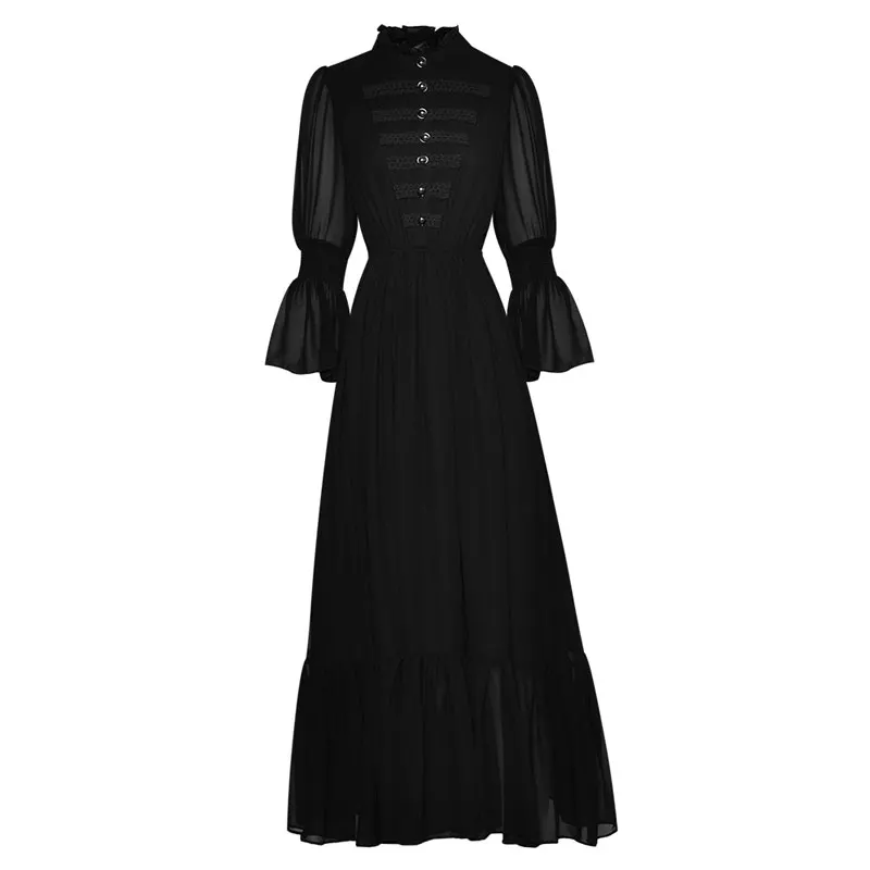 

Black Chiffon Ruffles Stand Collar Flared Sleeve Front Buttons Semi-Sheer Sexy Long Party Dress Drop Shipping Hot Sales