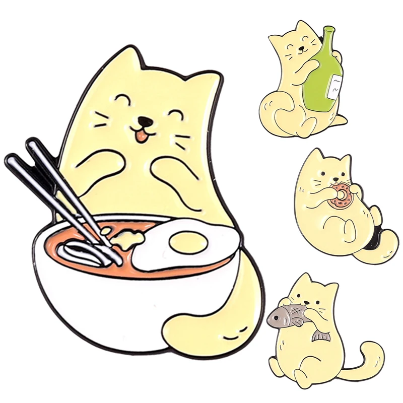

Cat and Fish Enamel Pins Cat Eating Food Donuts Noodle Badge Sweet Cute Pinback Buttons Accessories Animal Cat Lover Gifts