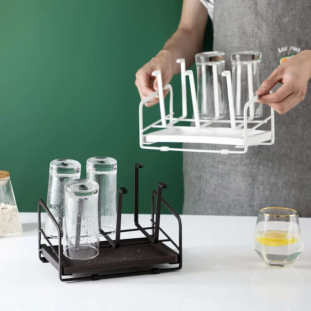 

Carbon Steel Kitchen Shelf Coffee Mug Cup Drying Storage Rack Cups Holder Organizer Drain Hanger Stand with 6 Hooks Shlves