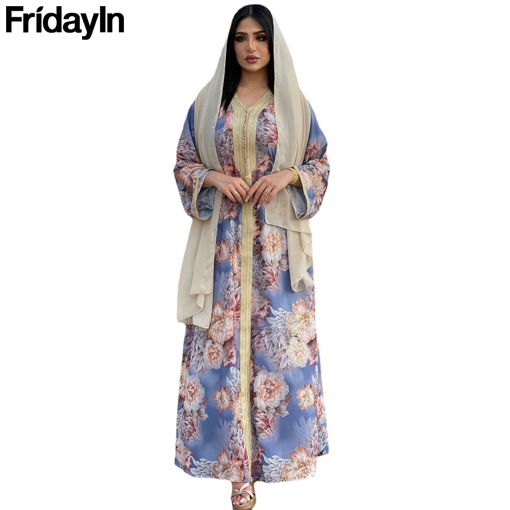 

FridayIn осеннее средневосточное мусульманское женское повседневное арабское платье с V-образным вырезом модное абайя с цветочным принтом дли...