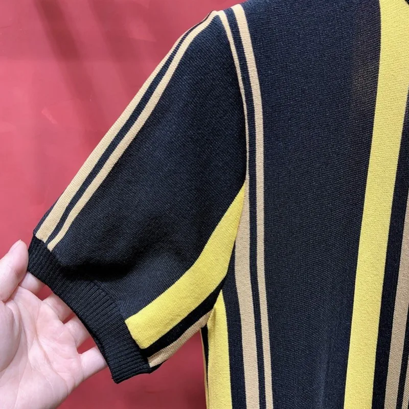 

Men Short Sleeve Sweater 2021 Summer New O-Neck Striped Tops Fashion Street Slim Fit Pullover Knitted Sweater Plus Size 4XL