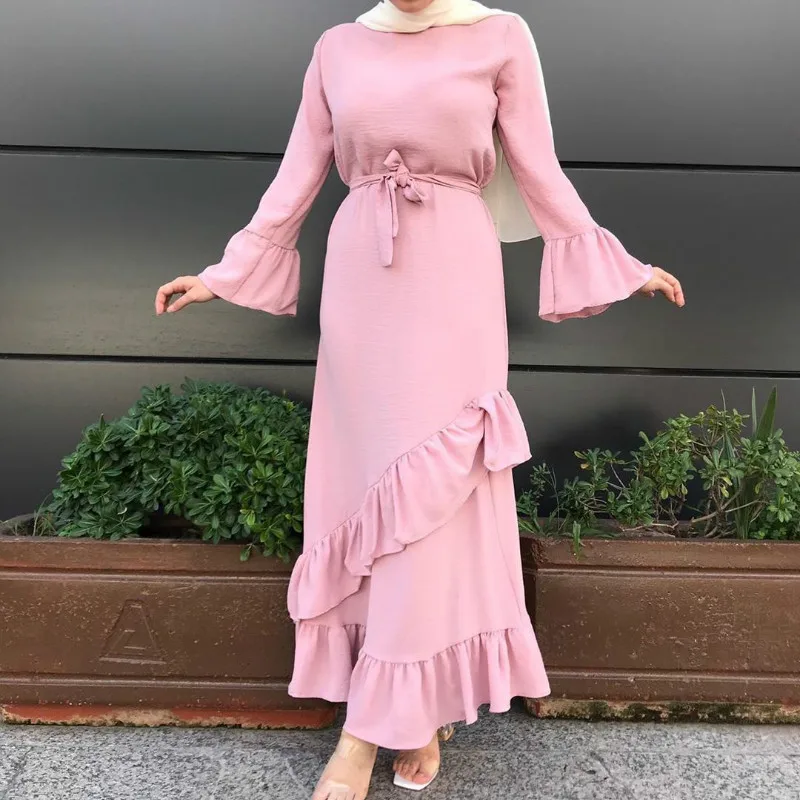 

Indie Fashion Muslim Abaya Elegant Dresses Party Festival Maxi Dress Ladies Solid Polyester Robe Women Autumn Spring Dress 2021